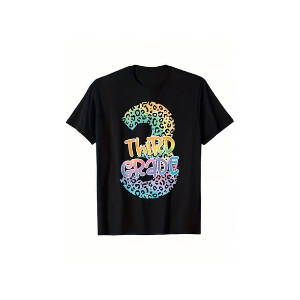 Back To School 1pc Youngsters' 3rd Grade Leopard Print T-Shirt, Breathable Cotton Crew Neck Short Sleeve Tee With Colorful Third Grade Design, Perfect For Back-To-School outings & Casual Wear