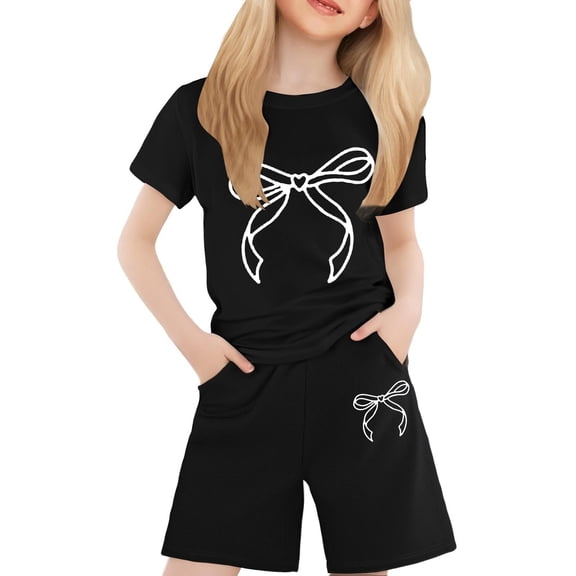 Kiijoy Summer Toddler Girls Outfits Bow Print Short Sleeve T-Shirt Shorts Set, Sizes 2-3T