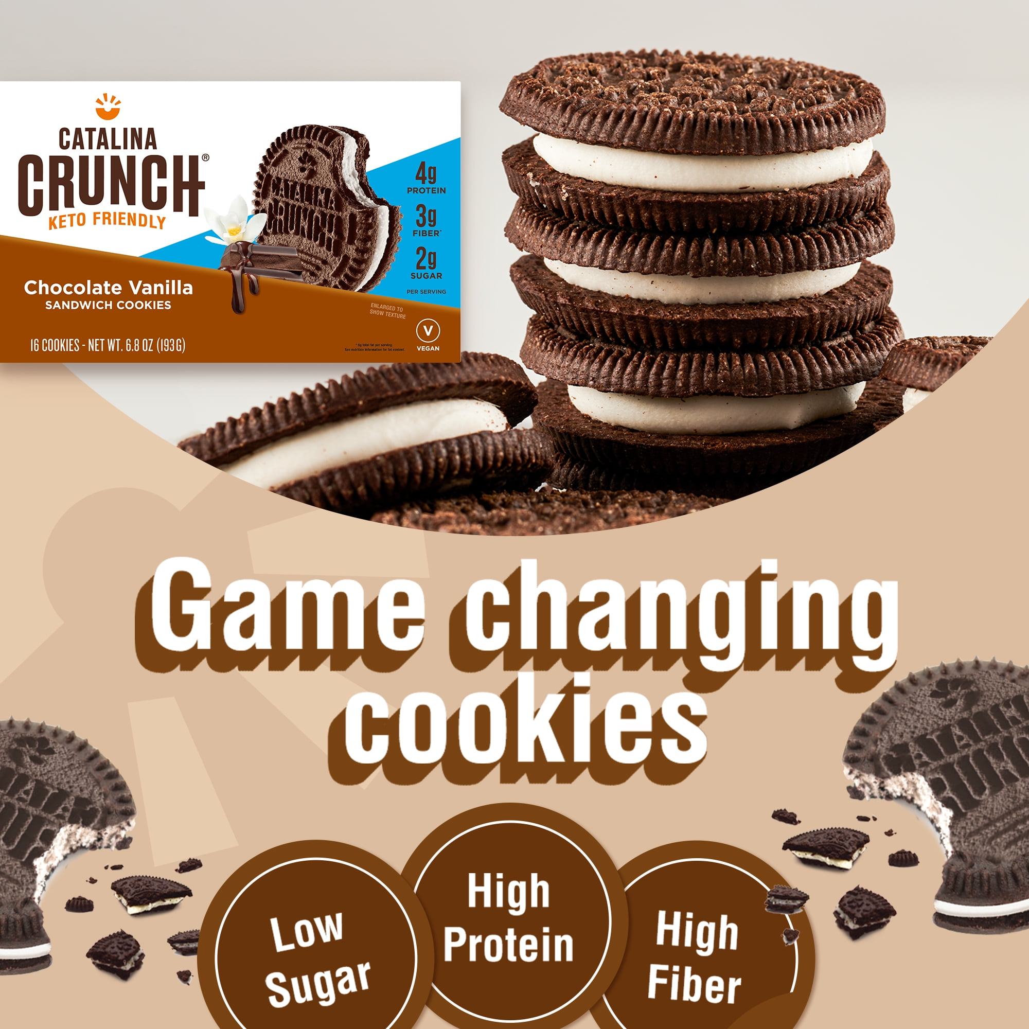 (3 pack) Catalina Crunch Chocolate Vanilla Keto Sandwich Cookies, 6.8 Ounces Shelf-Stable Box