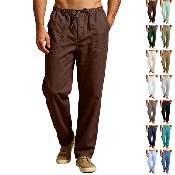 GrmtClth Linen Pants For Men Loose Baggy Straight Trousers Elastic Drawstring Waist Multi Side Pockets Lightweight Summer Beach Yoga Casual Bottoms Brown L