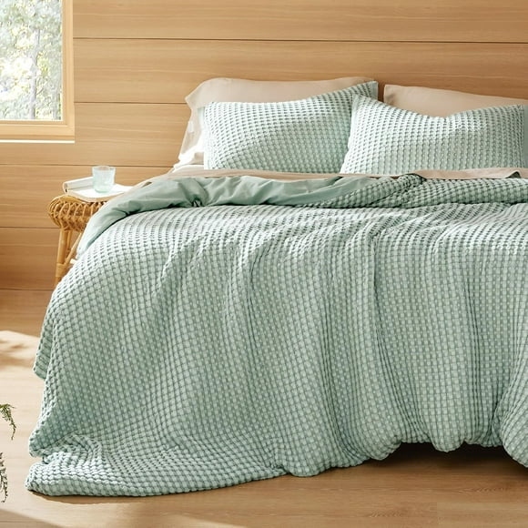 Duvet Cover Queen - Sage Green Waffle Duvet Cover Set, Blend Rayon