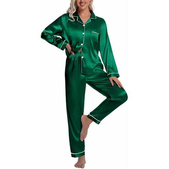 DAKIMOE Sleepwear Womens Silky Satin Pajamas Set Long Sleeve Nightwear Loungewear, Green, M