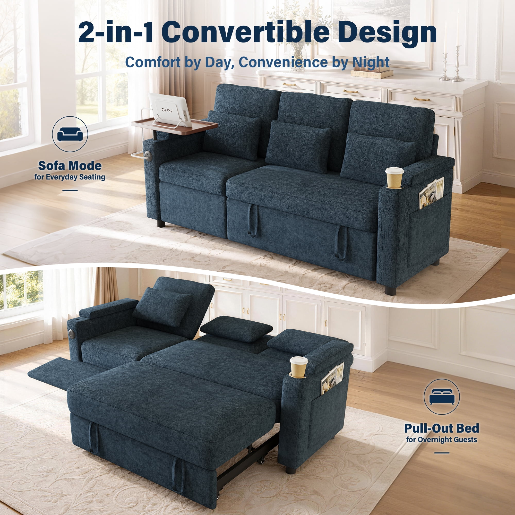 Aukfa 81" Convertible Sleeper Sofa,Chenille 3-in-1 Sofa Bed with Recliner,Center Table,USB Ports & Storage Armrests,Blue