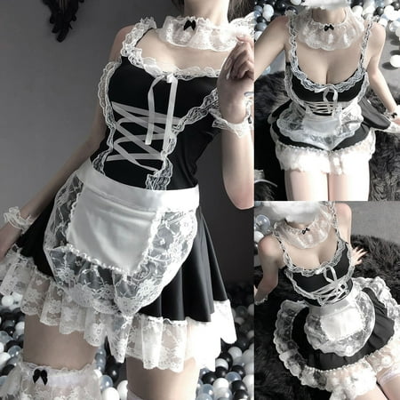 

Fengqque Women Sexy Lace Perspective Uniform Bandage Apron Underwear Nightwear Mesh Pajamas