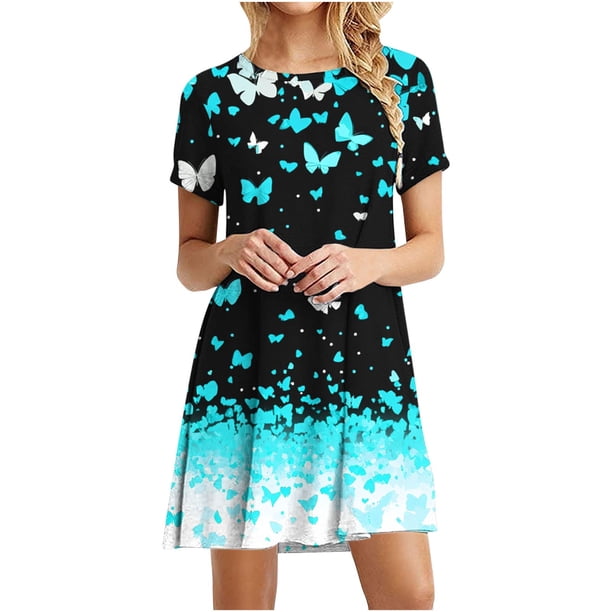Vestido de Manga Corta para las Mujeres Casual Impreso Cuello Redondo, Vestido de las Señoras para la Primavera Y el Verano de Uso Diario