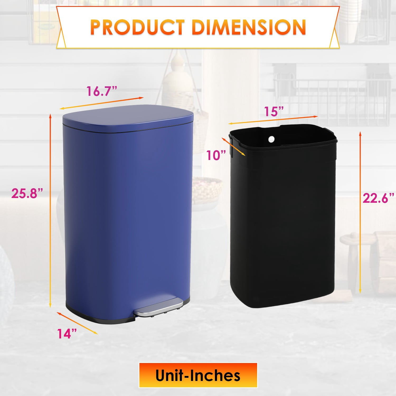 FASCK 13 Gallon/50 L Garbage Can Kitchen Trash Can with Lid for Office Bedroom Bathroom Step Trash Bin Fingerprint-Proof Brushed Stainless Steel 13 Gallon / 50 Liter,Deep Blue