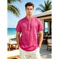 thumbnail image 4 of Mens Cotton Linen Henley Shirts Hot Pink Casual Short Sleeve Shirt Hippie Hawaiian Band Collar Tee, 4 of 8