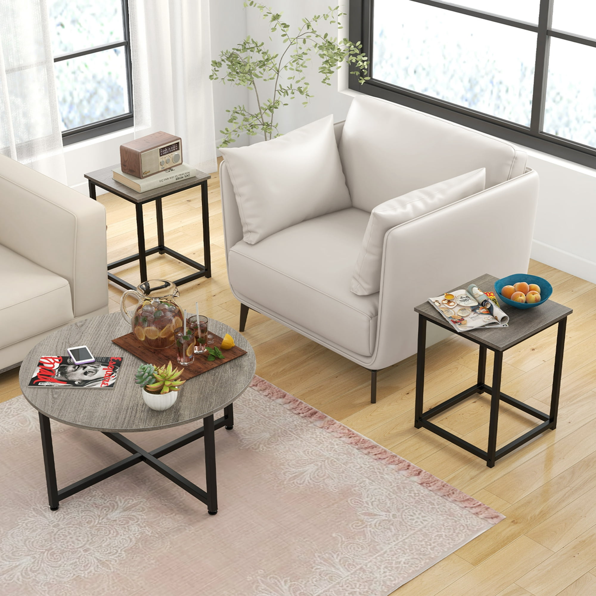 Costway 3 PCS Coffee Table Set Round Coffee Table and 2 PCS Square End Tables Metal Frame Gray