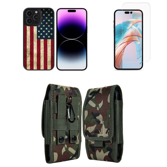 Bemz Phone Case for iPhone 15 Plus Bundle with Lightweight Shockproof Scratch Resistant UV Print Protective TPU Cover, Screen Protector, Vertical Nylon Belt Holster Pouch (Rustic American Flag)