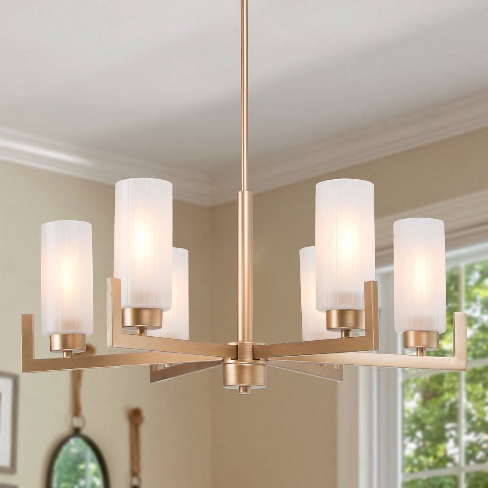 LNC 6-Light Gold Linear Chandelier with Frosted Glass for Kitchen or Dining Room