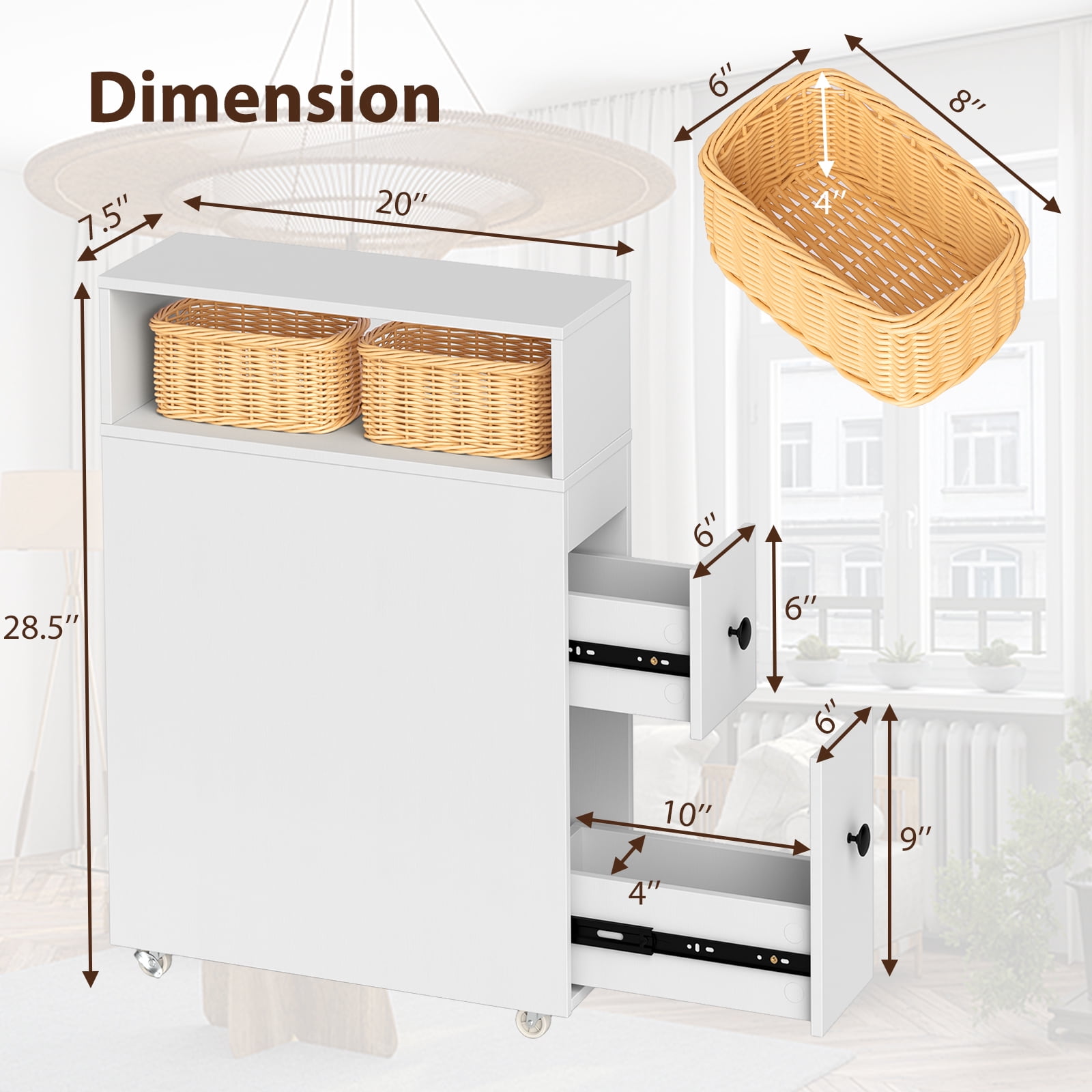Giantex Narrow Side Bathroom Storage Cabinet, Toilet Storage on Wheels, Space Saver Rolling Storage Cabinet for Small Spaces