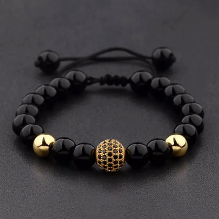 EOEMY Black White Stone Men Bracelets Chain Link Stainless Steel Beaded Bangle Jewelry-Gold Ball