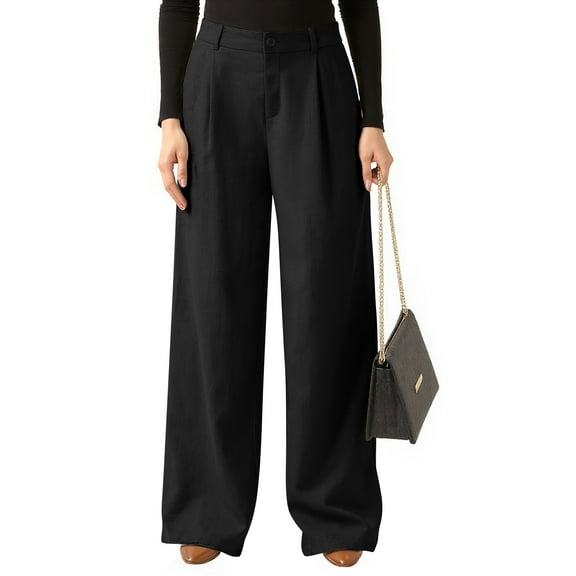 Women Suit Pants Wide Leg Dressy Pants High Elastic Waist Casual Work Trousers Office Fashion Elegant Suit Pants with Pockets 2025 Black S