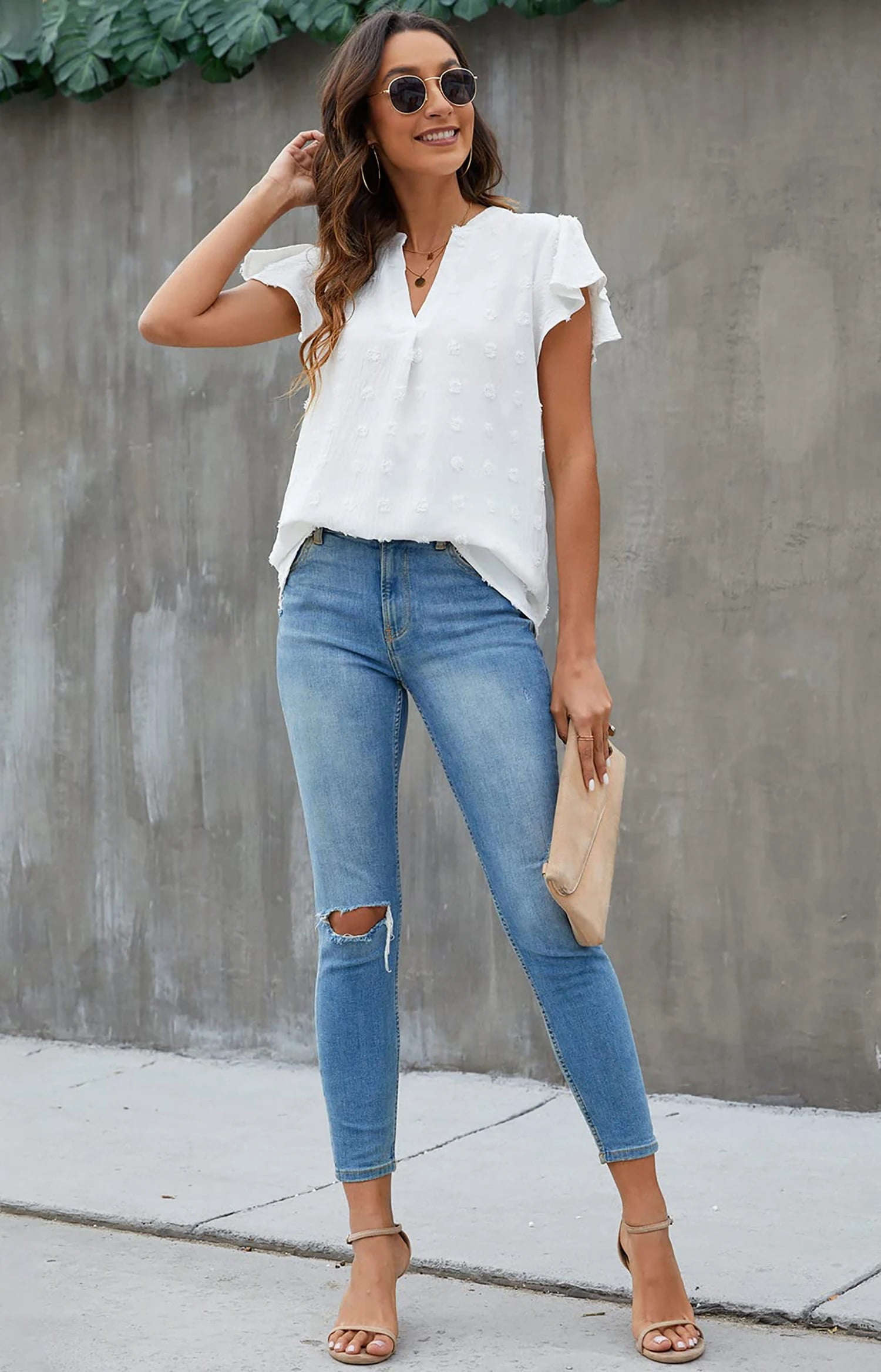 Fantaslook Blouses for Women Dressy V Neck Ruffle Sleeve Summer Tops Casual Flowy Shirts