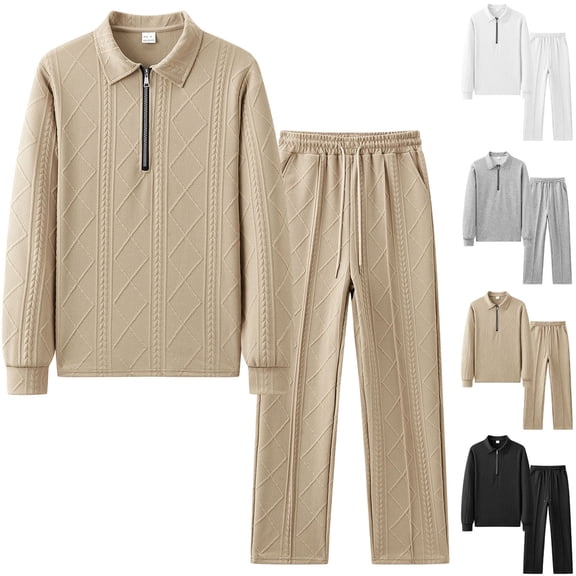 mihongmao Travel Outfits for Men 2 Piece Sets Men's Long Sleeved Solid Color Hooded Button Zipper Pocket Long Sleeved Pants Drawstring Set White S