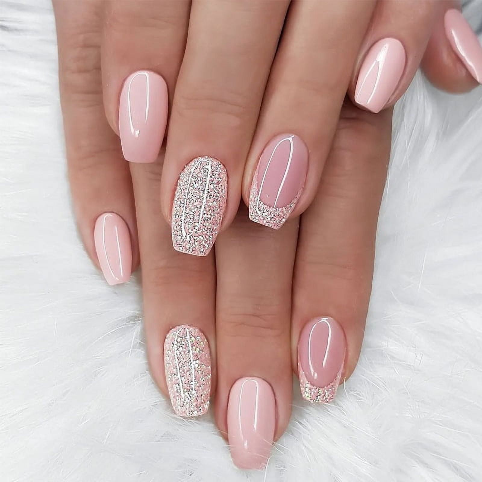 CuteHelper Pale Pink Press-On Nails - 24PCS Medium Squoval, Glossy Glitter French Detail & Accent Nails, Non-Toxic & Reusable
