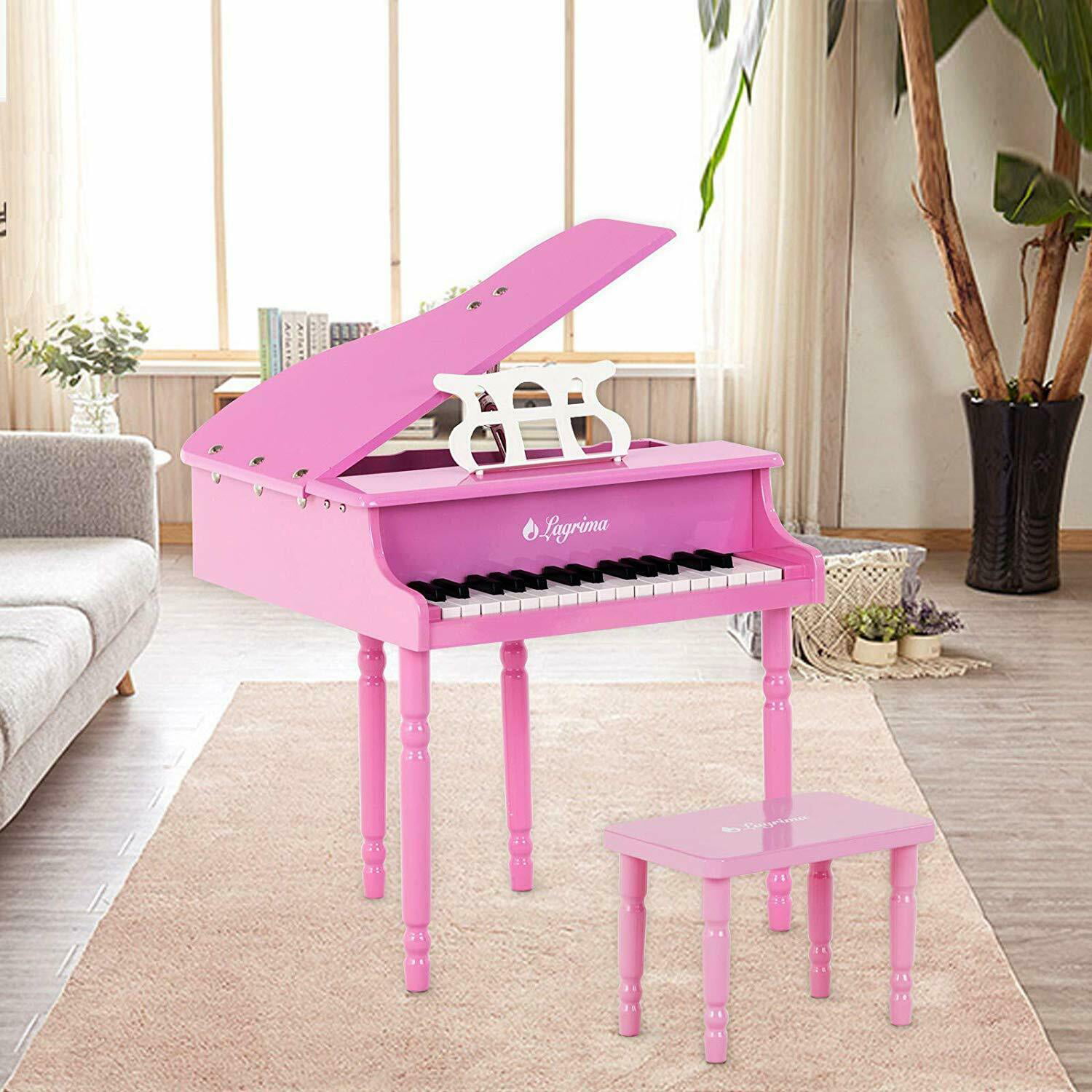 Pink LAGRIMA Classical Kids Piano 30 Keys Wood Mini Baby Grand Piano w/ Bench Mini Musical Toy for Child 