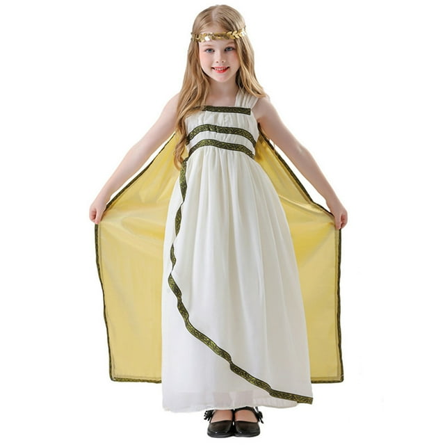 Ensemble de Robes de Fête d'Halloween pour Filles, Robe Toge Grecque en Velours avec Cape, Robe de Bal Déesse Romaine, Tenue Grecque, 6 Ans, Beige