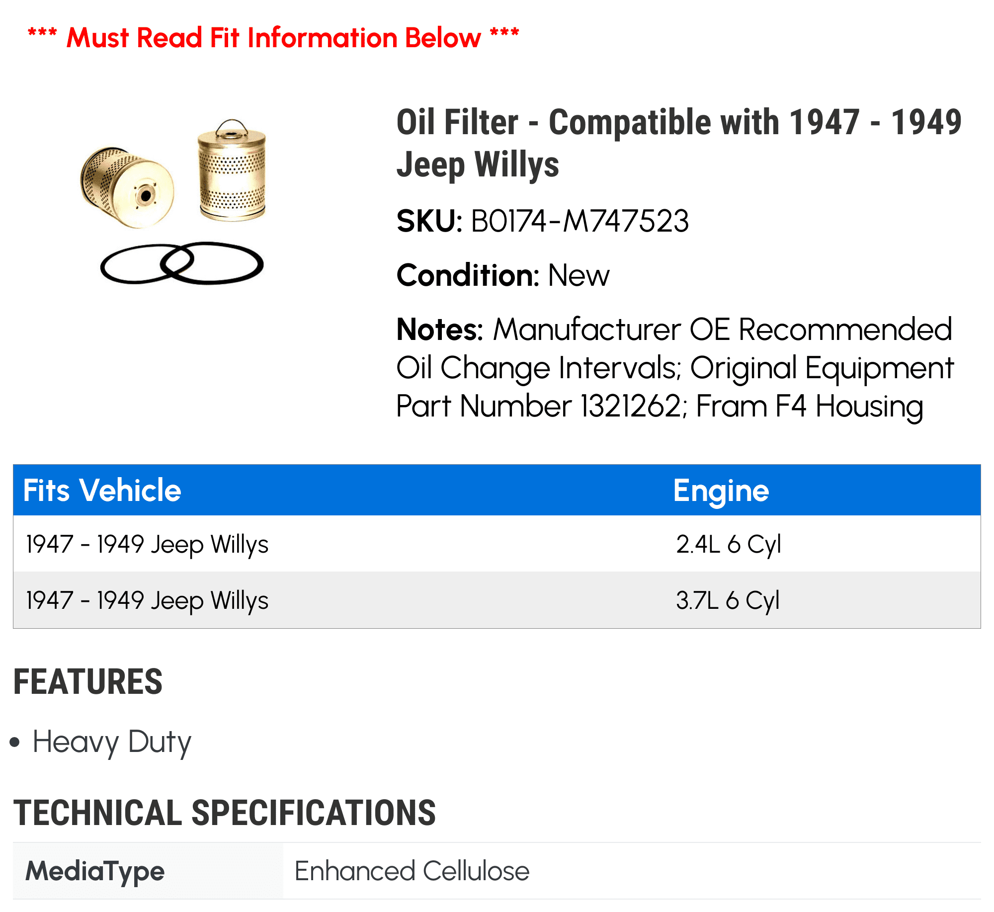 Oil Filter - Compatible with 1947 - 1949 Jeep Willys 1948