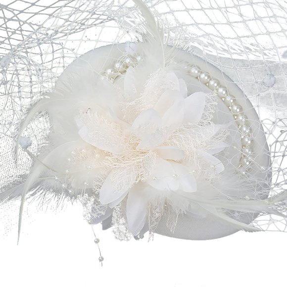 Women Pearl Mesh Fascinator Hat With Bride Wedding Party Headdress Ladies Feather Flower Pillbox Hat Hair Accessories White