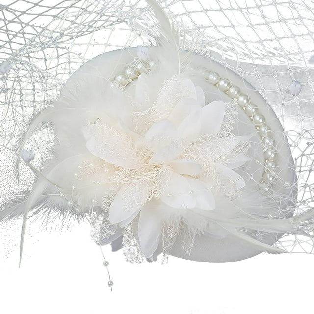 Sombrero fascinador de malla con perlas para mujer, tocado para novias y fiestas de boda, sombrero de copa con plumas y flores, accesorio para el pelo, blanco