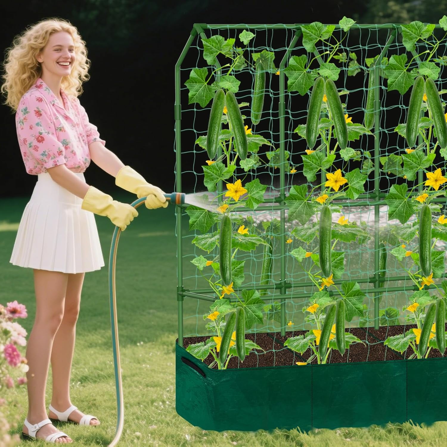 A-Frame Cucumber Trellis - 65 in (H) X 50 in (L) Supports Climbing Plants with Rectangle Raised Bed, Durable Garden Trellis for Outdoor Supporting Cucumbers Peas Vines, Includes Clips & Netting