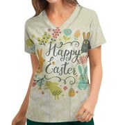 Uheoun Womens Tops Easter Day Scrubs for Women Fashion Easter Rabbit Print V-neck Short Sleeve Pocket Workwear Top