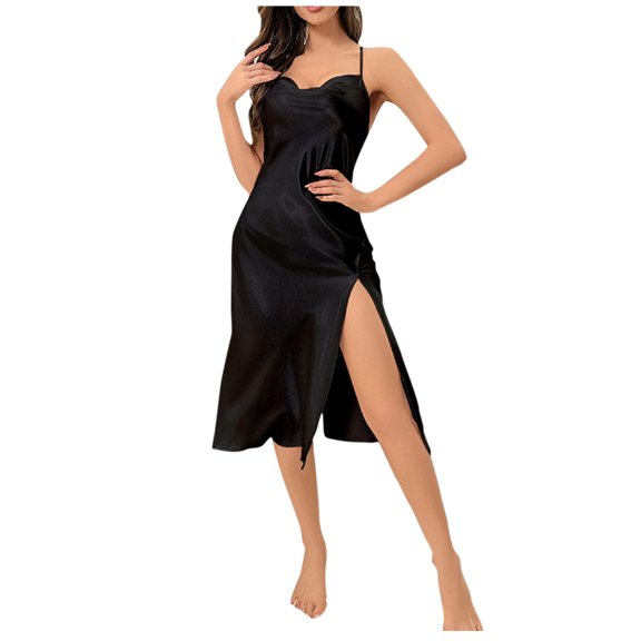 Jacenvly Pajamas for Women Light Breathable Valentine'S Day Gifts for Women Versatile Comfort Temperament Solid Split Sleeping Dress Black