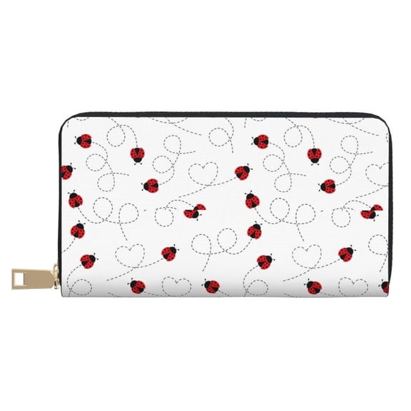 Leather Thin Slim Wallets for Women Men - Ladybugs Flying On Dotted Route Clutch Card Wallet for Women Men with Zipper