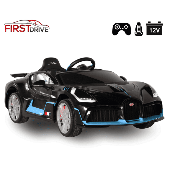 Bugatti Divo - Black- Dual Motor Electric Power Ride On Car W/ Parental Remote, MP3, Aux Cord, Bluetooth, Led Headlights, and Premium Wheels- by First Drive