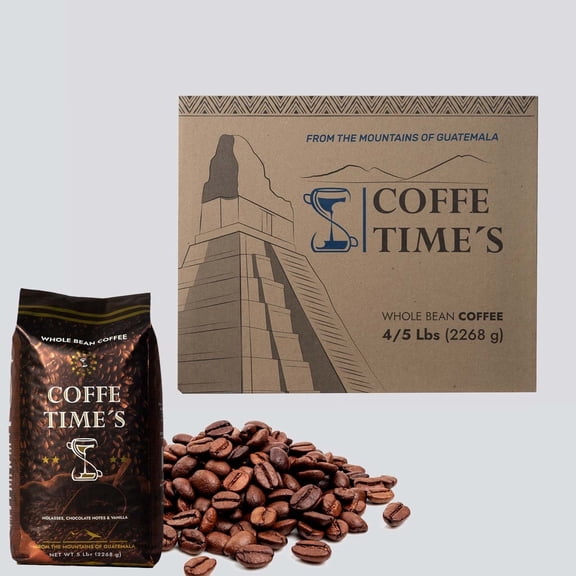 Coffe Times, Whole Bean Coffee Packets, Dark Roast - Strong Body, Coffee with Flavor notes of Molasses, Chocolate and Vanilla, (5 lb bags, Pack of 4 units)