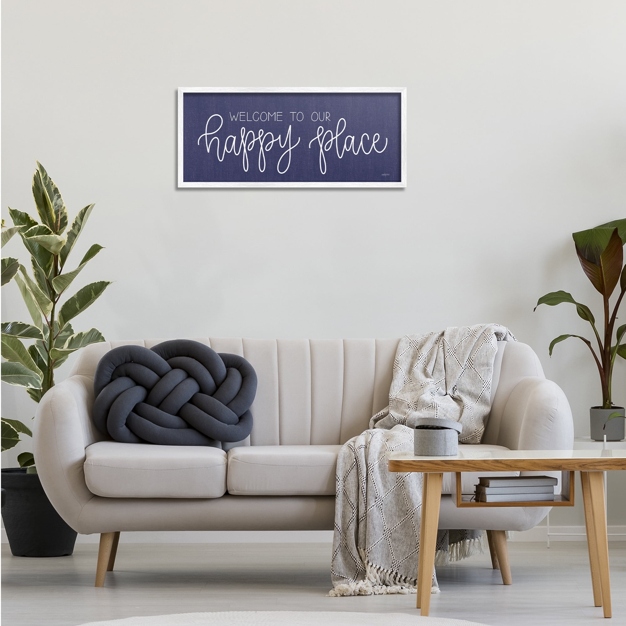Stupell Industries Welcome Happy Place Typography Painting White Framed Art Print Wall Art, 30 x 13