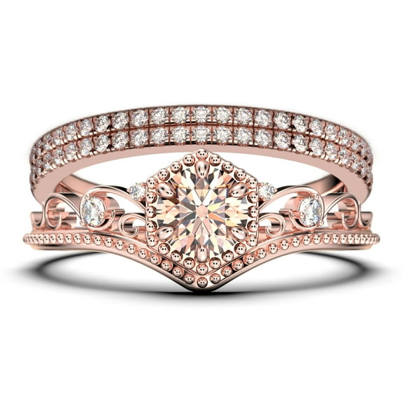 Antique Art Deco 2.50 Carat Round Cut Crown Morganite And Diamond Moissanite Engagement Ring, Wedding Ring, Two Matching Band in 925 Sterling Silver With 18k Rose Gold Plating, Promise Ring