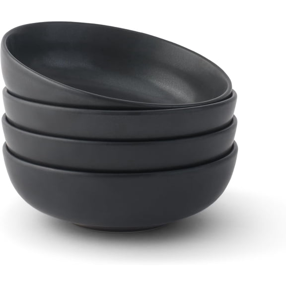 Mesa 30oz Stoneware Pasta Bowls Set of 4, Salad and Serving Bowls for Kitchen, Oatmeal, Soup, Dinner - Matte Black, Dishwasher and Microwave Safe, Wide and Shallow Plate