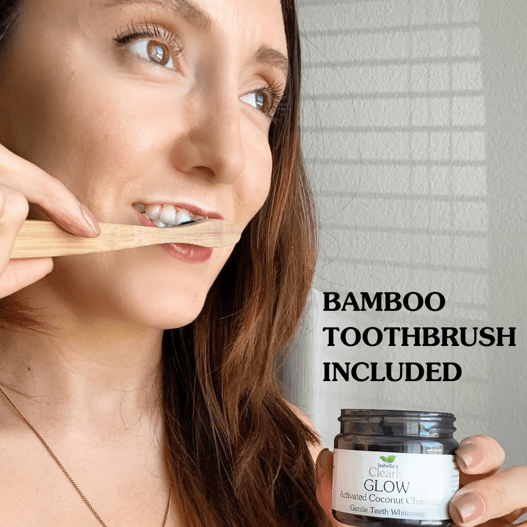 Isabella's Clearly GLOW Teeth Whitening Activated Charcoal Powder Set with Bamboo Toothbrush and Copper Tongue Scraper