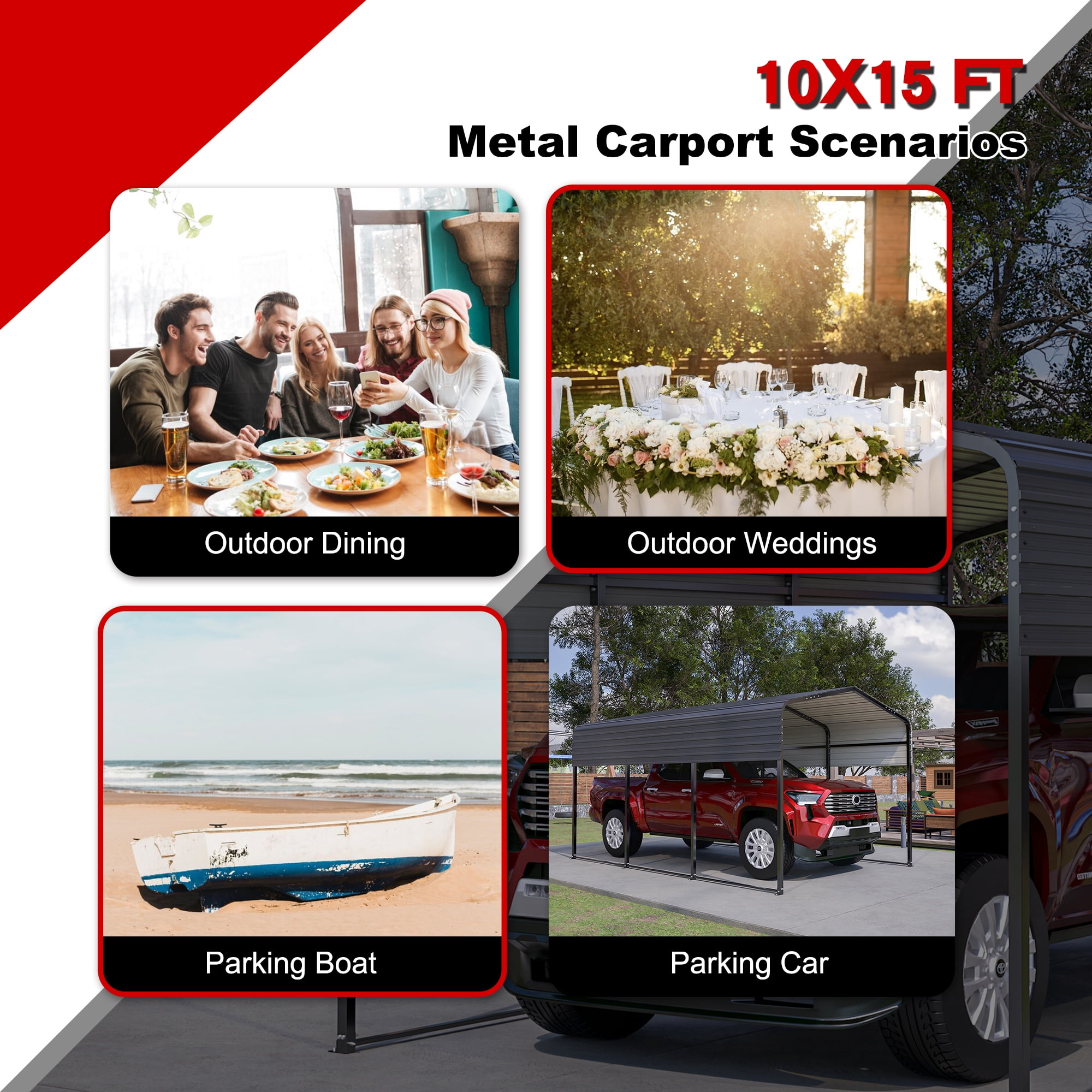 Upgraded 15x10 FT Heavy Duty Metal Carport with Enhanced Base, Extra Thick Galvanized Steel Frame, All-Weather Oversized Outdoor Car Shelter for Cars, Boats, and Tractors