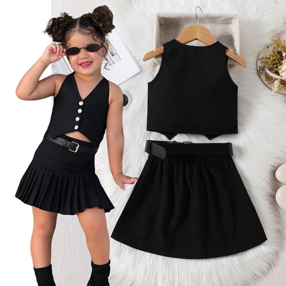 Girls School Uniform 2 Piece Sleeveless Button Down Vest A Line Pleated Skirt Set with Belt Clothes for Kids Girls 4-5 Years