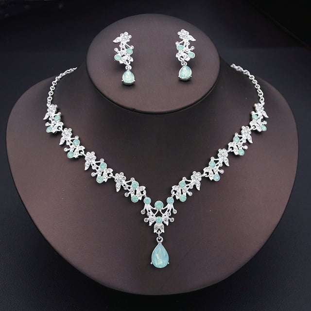 Ensemble de Bijoux de Mode à Motif Floral de Luxe pour Femmes, Colliers, Boucles d'Oreilles, Accessoires de Robe de Mariée, Vert Opale
