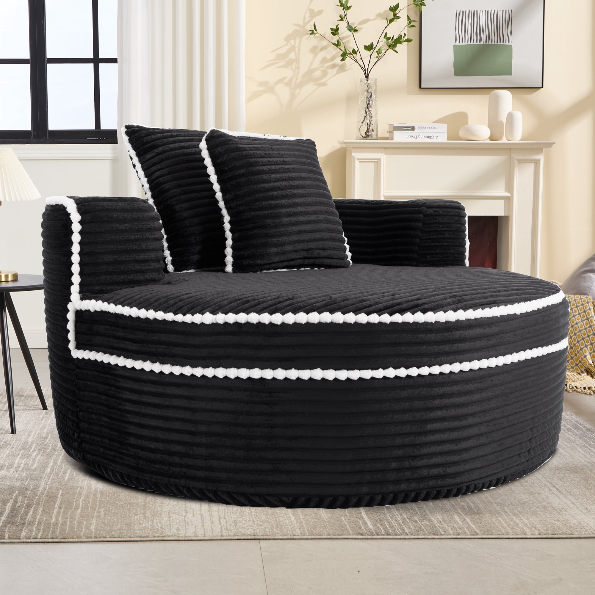 Leumius Oversized Round Chaise Lounge Chair Indoor, Upholstered Sofa Bed With Deep Seat and Cupholders,Cozy Boneless Chaise with High Density Memory Foam for Living Room,No Assembly,Black