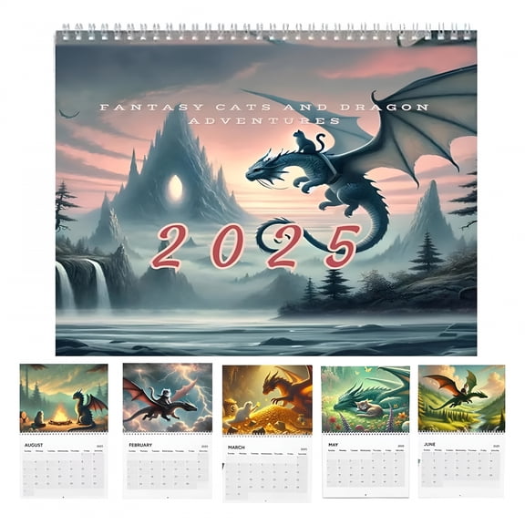 CCOCC 2025 Cat Dragon Rider Calendar,Cat Dragons 2025 Wall Calendar,Cat Dragon Rider Spiral Binding Calendar 2025,12 Month 2025 Wall Calendar,Funny Cats Calendar 2025 for Office and Home Decoration