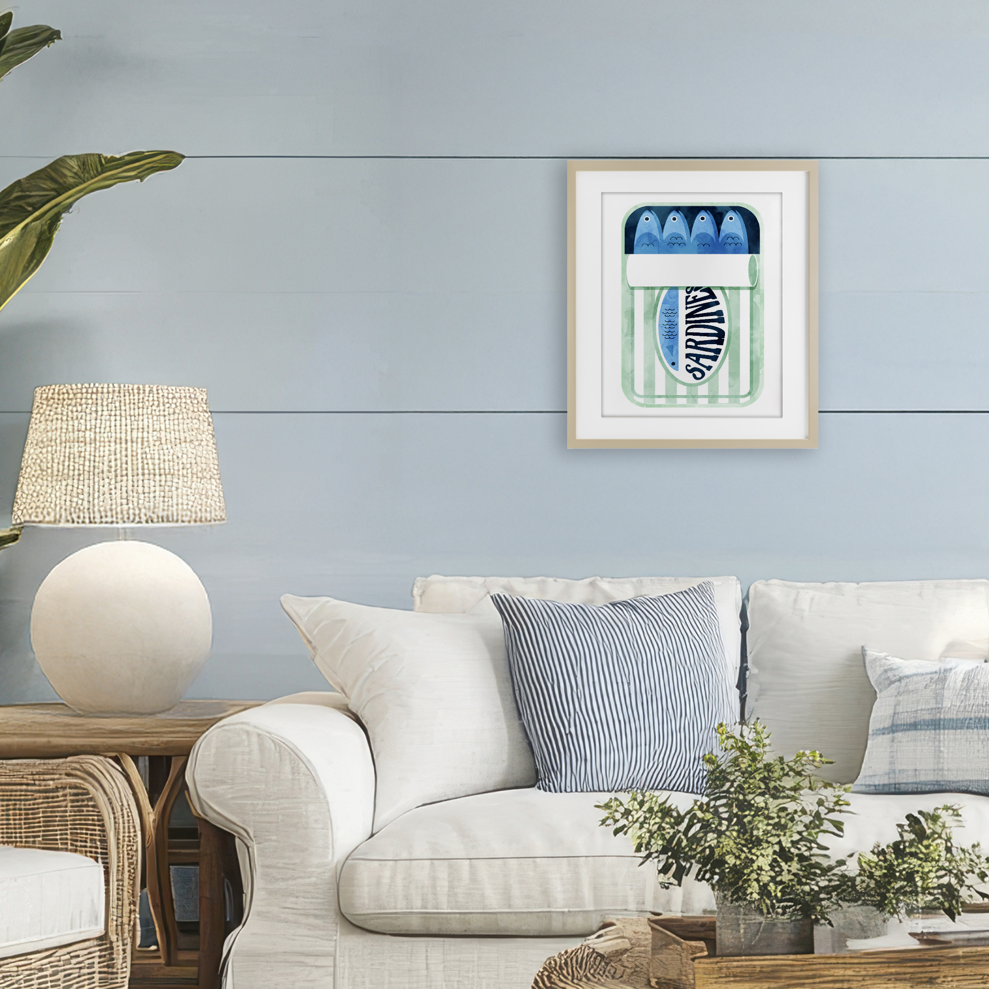 Green Stripe Sardine Tin Birch Framed Print Under Glass, design by Daphne Polselli