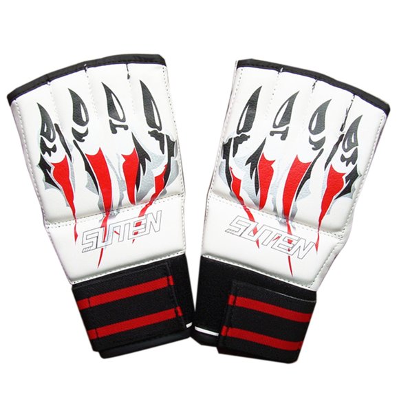Suten White Half-Finger Combat Gloves for Adults - Premium PU Leather with Thick Padding for Ultimate Protection and Shock Absorption in Training and Competition.