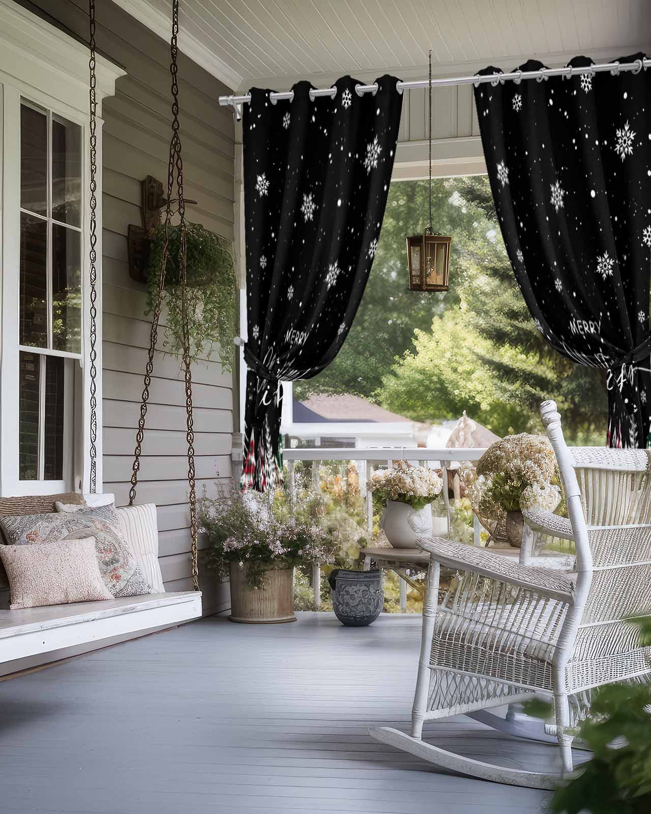 Outdoor Curtains for Patio, Black Christmas Tree Waterproof Blackout Outside Curtain for Porch/Pergola/Gazebo, Winter Xmas Tree Snowflake Thermal Insulated Drapes for Cabana, 2 Panels, 54 x 95 Inch