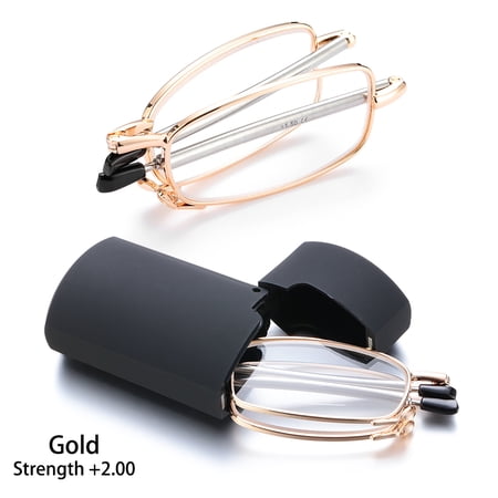 Fashion Alloy Frame Rotation Men and Women Presbyopia Eyeglasses Folding Reading Glasses Includes Glasses Case Telescopic Legs GOLD (STRENGTH 2.00)