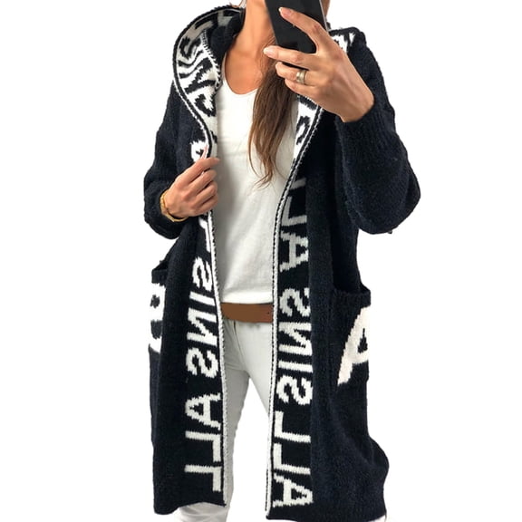 comerut Women Winter Autumn Sweater Coat Hooded Pockets Letter Pattern Knitted Thick Warm Long Sleeve Mid Length Loose Zipper Closure Winter Long Coat