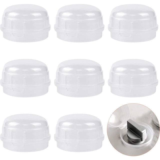 8 uds cubierta de perilla transparente ShenMo, protectores de perilla de seguridad para horno y estufa; ocho tapas translúcidas blancas semiesféricas que encajan sobre perillas, vista frontal sobre fondo blanco; suelen usarse también para bloquear controles durante limpieza.