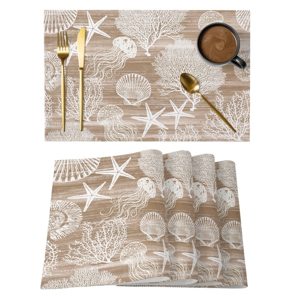 Brown Coastal Placemats Set of 6 Nautical Starfish Coral Jellyfish Shell Sea Place Mats Indoor Wipeable Table Mats Washable Dining Table Placemats for Kitchen Holiday Party Home Decor 13x19 Inch