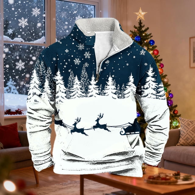 Ceisia Warm Fleece-Lined Mens Loose Fit Christmas Print Half-Zip Stand Collar Sweatshirt Gifts