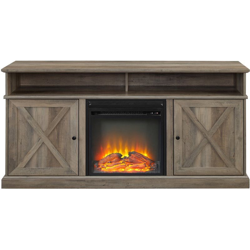 Cherrington 60" Tall Highboy Barn Door Fireplace TV Stand in Gray Wash