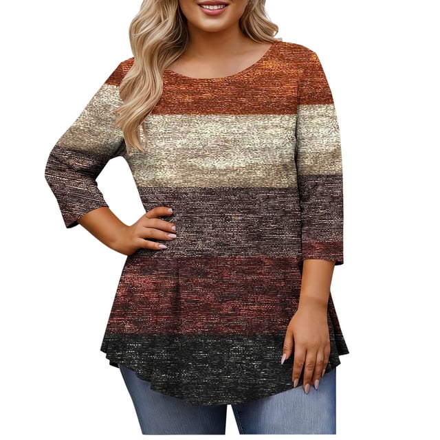 RXMEKW T-Shirt pour Femmes Manches 3/4 Coupe Ample Décontractée Imprimée Col Rond Grande Taille Blouse pour Printemps et Été